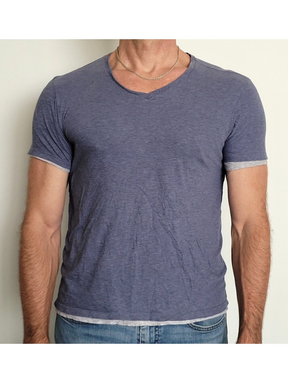 Vince Men's Small Blue Heather Layered-Look Pima Cotton V-Neck T-Shirt